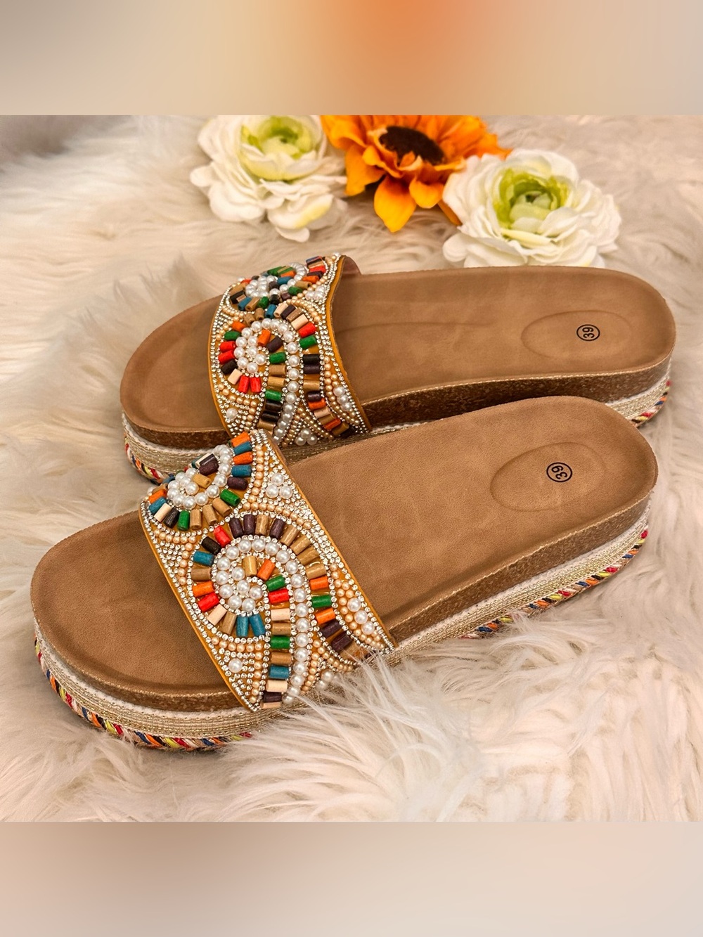 Beaded Platform Espadrille Slides Flat Sandals Sz 8.5 (39) NEW!
